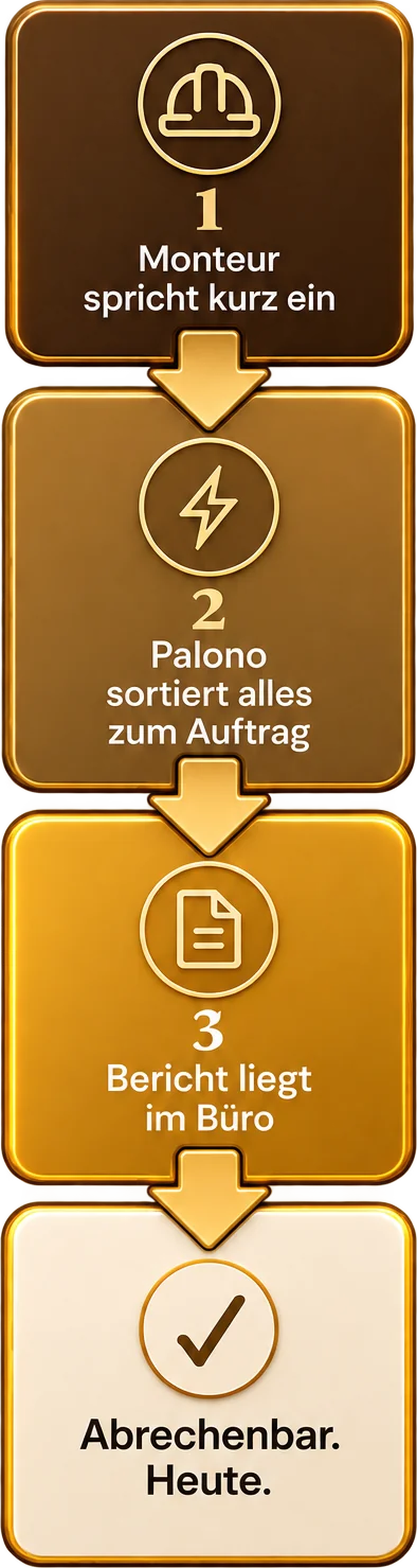 Vier Schritte: Monteur spricht kurz ein – Palono sortiert alles zum Auftrag – Bericht liegt im Büro – Abrechenbar. Heute.